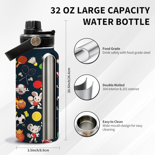 Soccer 32oz Water Bottle, Leak-proof Bottle, Insulated Coffee Cup | 32oz Stainless Steel Tumbler, with Handle & Lid Reusable Mug, Christmas Birthday Gift for Sports Lover - color: Ball