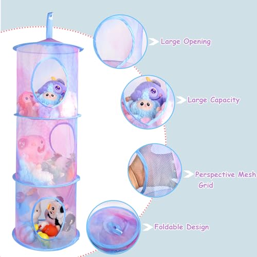 ChezMax Hanging Mesh Stuffed Animal Storage - 3 Tiers 2 Pack Large Stuffed Animal Net Organizer, Foldable Space Saver Bags Basket Organization Holder Room Bedroom Playroom Wardrobe Rainbow - color: 3 Tier - Rainbow