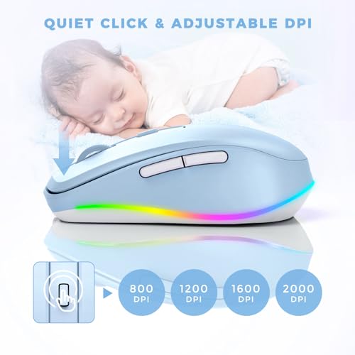 PEIOUS Wireless Mouse Jiggler - Keep Computers Awake, Light Blue | Rechargeable LED Mouse, Silent Clicks, Adjustable DPI and Random Movement Keep Computers Awake for Laptop/PC/Mac - color: Light Blue
