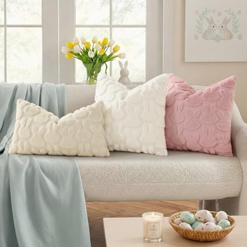 decorUhome Cream White Faux Fur Bunny Throw Pillow Covers 20X20 Set of 2 | Plush Soft Wool Jacquard Cream White Rabbit Cushion Covers, Modern Farmhouse Easter Holiday Decor PillowCases for Sofa Bed - color: Rabbits Cream White, size: 20" x 20" (Pack of 2)