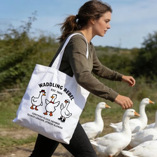 ANATTASOUL Canvas Tote Bag Reusable Cotton Bag for Women, Large 14.96"x 15.74" Cloth Shoulder Bags with Zipper Pockets - style: Goose With Sunglasses