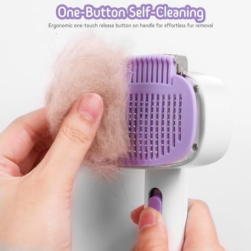 Dog & Cat Brush for Shedding, 2-in-1 Self Cleaning Deshedding Brush | Adjustable Bristle Length with Dematting Comb Skin Friendly Fur Shedding Removal Tool for Long Medium Long Hair Pets (Purple) - color: Purple