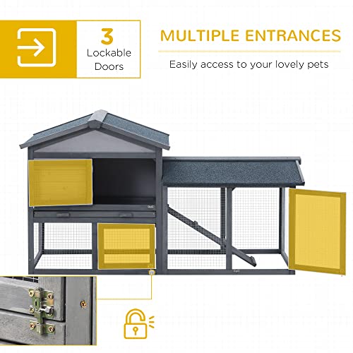 PawHut 58" Rabbit Hutch, Wooden Bunny Hutch, Guinea Pig Cage, Small Animal Enclosure with Run Area, Removable Tray, Asphalt Roof, Lockable Doors and Ramp, Dark Gray | Wooden Bunny Hutch, Guinea Pig Cage, Removable Tray, Asphalt Roof, Lockable Doors, for 1