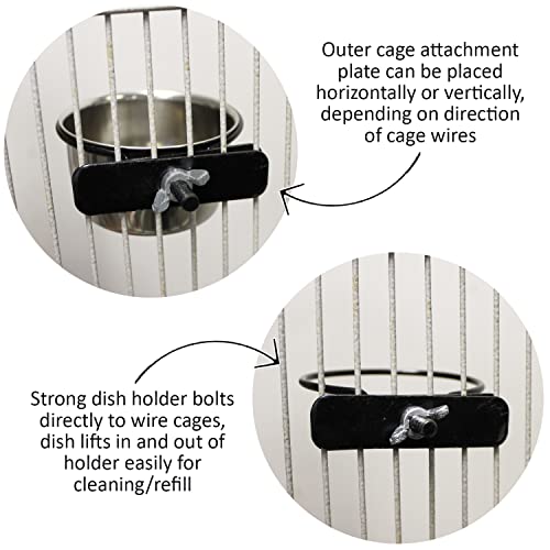 Stainless Steel Cup w/Holder - Durable Metal Mountable Food & Water Dish - Sugar Gliders, Hedgehogs, Chinchillas, Rats, Ferrets, Guinea Pigs, Rabbits, Squirrels, Birds (10 oz., Silver) - size: 10 oz.