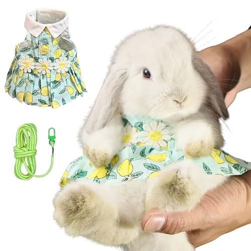 SMOLKITH Rabbit Clothes - Bunny Adjustable Summer Lemon Print Dress with Leash, Small Animal Apparel for Walking - Fits Meerkats, Chinchillas, Guinea Pigs, Marmots and More - color: Summer Lemon Print Dress