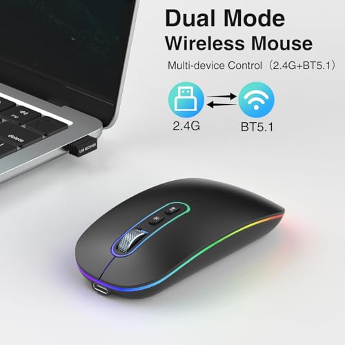 cimetech Wireless Mouse for Laptop, M01 Rechargeable Silent LED Computer USB Mice, [BT5.1 and 2.4G Receiver] Dual Mode Slim Sleek, Plug and Play for iPad Mac Chromebook Tablet PC Notebook | 2.4G & BT Slim Mouse for MacBook,Silent Click, 1600 DPI for Offic