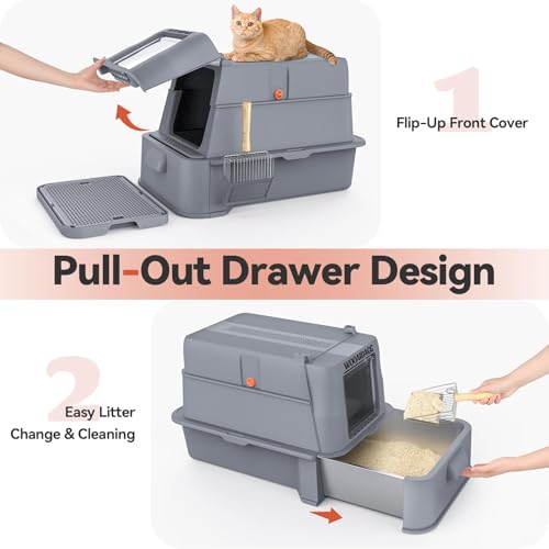 Wooaidagg Enclosed Stainless Steel Cat Litter Box with Odor Control, Modular Design with Drawer and Flip Door, Easy to Clean and Wash,Non-Stick Interior,Extra Large Size Fits All Cats(Dark Grey) - color: Dark Grey