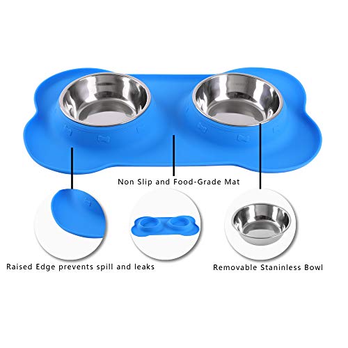Hubulk Pet Dog Bowls 2 Stainless Steel Dog Bowl with No Spill Non-Skid Silicone Mat + Pet Food Scoop Water and Food Feeder Bowls for Feeding Small Medium Large Dogs Cats Puppies (Medium, Blue) - color: Blue, size: Medium