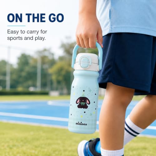 Mininoo 18oz Insulated Stainless Steel Kids Water Bottle for School, Bunny | 2-in-1 Straw & Spout Lid, Leak-Proof, BPA-Free, for Girls & Boys, Blue - color: 18oz Light Blue-Bunny