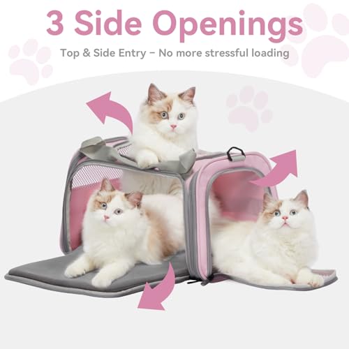 Petsfit Cat Carrier Airline Approved, 17.5×10.5×10.5 in, Pink | Escape-Proof Design with Locking Zippers & Safety Leash, Easy-Access 3-Way Entry, Washable Mat up to 12 lb - color: Pink, size: Medium
