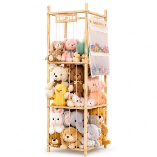 Stuffed Animal Storage Organizer, Large Wooden Zoo Toy Holder with Pockets, Plushie, Stuffy,Toy Storage for Kids Room, Playroom, Bedroom(Natural Small - size: Small