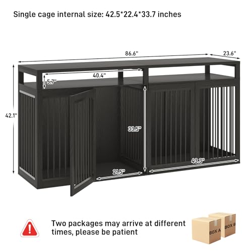 87In Farmhouse Dog Crate TV Stand, Wooden Dog Kennel Furniture with 2 Doors, Large Dog Crate Furniture for 2 Dogs, Solid Metal Tube & 4 Lockable Doors, Black - color: Black