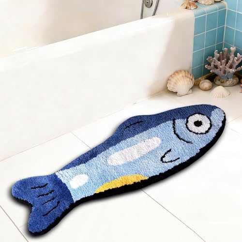 Fish Rug - Cute Fish Bath Mat Blue Bathroom Rugs Animal Pattern Fun Carpet, Non-Slip Plush Absorbent Bath Mats, Cool Carpet for Bedroom Living Room Shower Sink Bathtub Room Decor, 16"x 47"