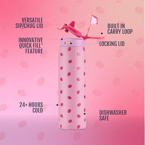 Ello Pop & Fill Insulated Stainless Steel Water Bottle with Quick Fill Lid, Leakproof Locking, Sip or Chug Spout, BPA-Free, Double Wall Vacuum Insulated for Sports, Travel & School- 22oz / 32oz / 40oz - color: Strawberries, style: 22oz