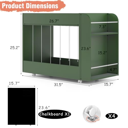 Wooden Kids Bookshelf, Toy Storage with Side Drawing Chalkboard | 3-in-1 Mobile Stuffed Animal Storage Zoo, Rolling Toy Box Container on 4 Wheels for Kids Room Playroom Nursery Bedroom, Green - color: Green
