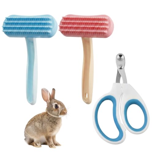 3PCS Bunny Brush Set, Silicone Pet Brush for Grooming, Rabbit Brush For Shedding Grooming, Hair Buster Comb for Small Animals, 2PCS Soft Silicone Brushes and 1PCS Nail Clipper Set for Gentle Pet Care