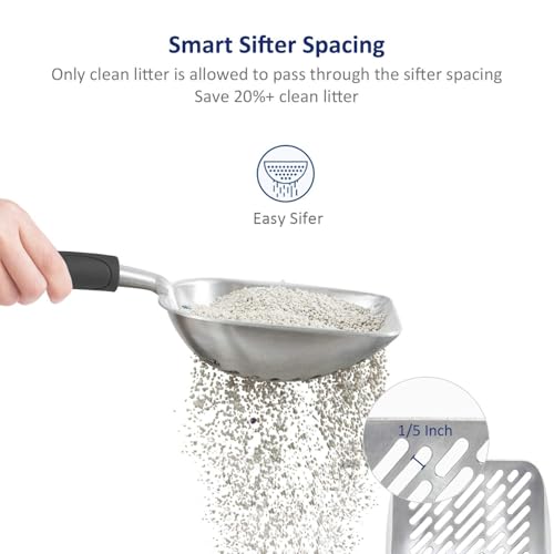 Cat Litter Scoop, Aluminum Alloy Sifter, Kitty Metal Scooper, Deep Shovel with Diagonal Sifting Hole, Long Handle, Kitten Poop Lifter for Litter Box, Medium Size, Black Handle - color: #06 Black, size: Medium