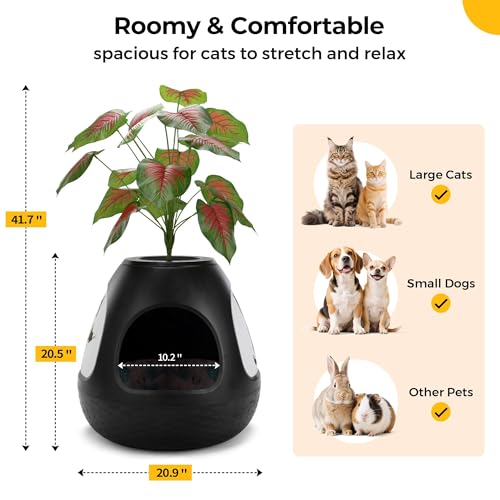 COZIWOW Eggloa6 Plant Litter Box, Hidden Cat Litter Box Enclosure, Odor Removal System, Replaceable Scratching Board, Scoop, Cat House with Cushion ＆ Heating Pad, Artificial Plants (Black) - color: Black