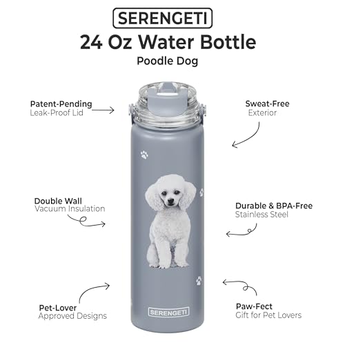 SERENGETI 24 Oz Water Bottle Stainless Steel with Spill Proof Lid - Double walled Vacuum Insulated water flask - Realistic 3D Print of your favorite dog (Poodle) - color: Poodle