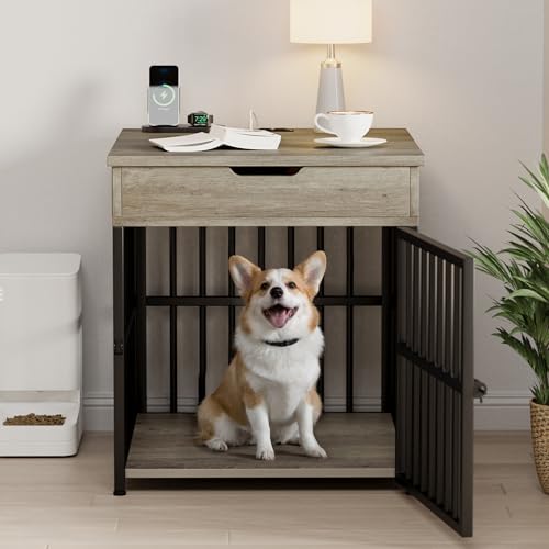 IRONCK Dog Crate Furniture for Small Dogs, Gray | Wooden Dog Kennel with Flip Top Drawer, Indoor Pet Crate End Table with Charging Station, Steel-Tube Dog Cage - color: Grey