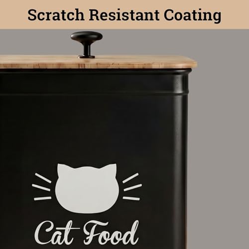 Cat Food Container with Scoop 5-7 lb (25 Cup), with Airtight Bamboo Lid | Cat Kibble Canister with Metal Scoop, 25 Cups, Chew Proof Iron Body, Powder Coated, Airtight Bamboo Lid, Sturdy Metal Handle - color: Black