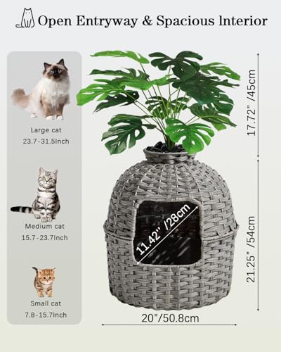 SETVSON Cat Litter Box Plant Enclosure, Hidden PE Rattan Litter Box, Gray | Decorative Planter Design, Handwoven Washable PE Rattan, Removable Top with Artificial Plant & Stones Included, Easy Cleaning - color: Grey