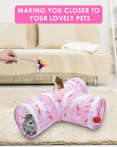 Bissap Guinea Pig Tunnel, Collapsible Hamster Tunnel and Tube 3 Ways Pet Hideout with 1 Play Ball for Indoor Guinea Pig Chinchilla Hamster Rat Small Animal Activity Fun Toys (Pink) - color: Pink, size: Small