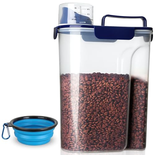 TIOVERY Dog Food Storage Container, 5-7 Lbs Airtight Pet Food Container, Cat food Container Dispenser with Portable Handle, Pouring Spout and a Collapsible bowl for Dogs Cats Navy Blue/6Qt - color: Blue 6Qt