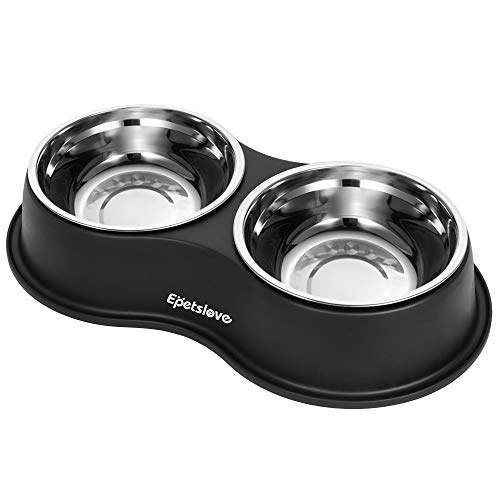 Epetslove Stainless Steel Dog Bowls Double Non-Slip Dog Water and Food Bowl | Pet Feeder Bowls, Dog Dishes, Raised Feeding Design, Double Bowls Set, For Puppies, Medium Dogs and Cats, Outdoor / Indoor - color: 1.Black, size: Medium-18oz