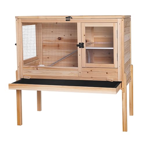 Aivituvin Guinea Pig Cages, Rabbit Hutch with Anti-Chew Frame, Bunny Cage with Deepened Pull-Out Tray, 3 Openable Areas, Assemblable Legs, Ramp & Hideout Included - Wooden
