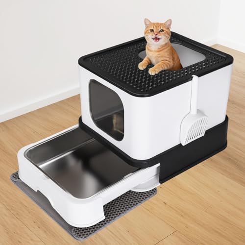 RIZZARI Stainless Steel Litter Box: Enclosed Pull-Out Drawer Top Exit | Removable Sifter Tray / High Leak-Proof Walls / One-Way Bottom Entry / Smooth Non-Stick Surface / Spacious for Multi-Cats - color: Black