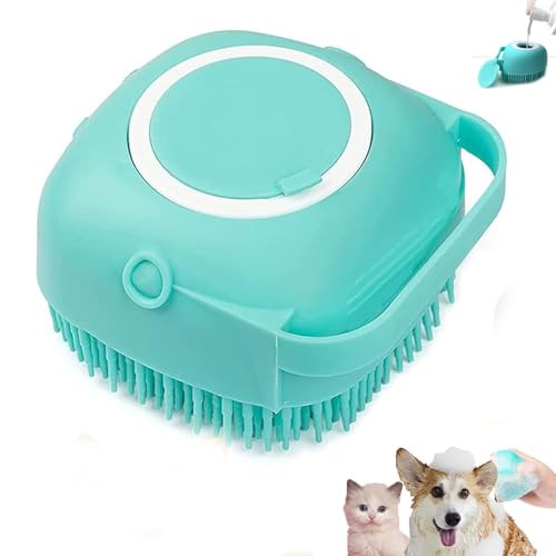 Pet Bath Scrubber Brush, Dog Grooming Massage Shampoo Bath Brush with Soap and Shampoo Dispenser Soft Silicone Bristle for Long Short Haired Dogs Cats Shower (Blue)