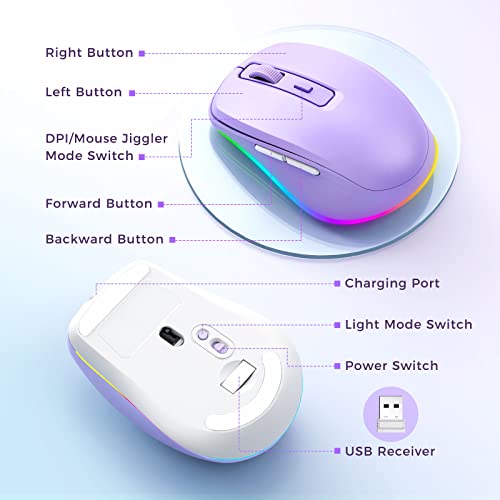 PEIOUS Wireless Mouse Jiggler - LED Wireless Mice with Build-in Mouse Mover, Rechargeable Moving Mouse for Laptop with Undetectable Random Movement Keeps Computers Awake - Purple | Rechargeable, Silent Clicks, Adjustable DPI and Random Movement Keep Compu