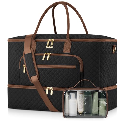 Travel Duffle Bag, Wide Open Large Weekender Bag for Women with Shoe Compartment, Carry on Overnight Bags with Toiletry Bag, Hospital Bag for Women Labor Delivery with Wet Pocket (Black Brown) - color: Black-Brown, size: 45L
