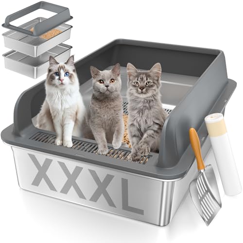 XXXL Stainless Steel Sifting Litter Box with Lid, 28'' L × 20'' W Extra Large Sifting Cat Litter Box for Pine Pellets & Big Cats & Multiple Cats, Metal Pellet Sifter Litter Pan System for Odor Control - size: XXXL:28''x20''x10''