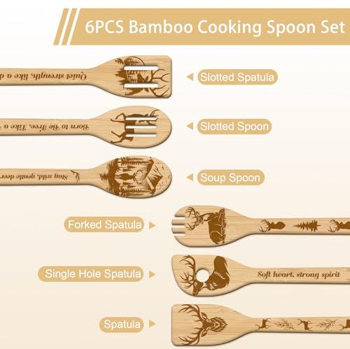GLOBLELAND 6 Pcs Deer Wooden Spoons Utensil Set Forest Deer Bamboo Carving Kitchen Cooking Utensils Wooden Engraved Cooking Spatula Sets for Kitchen Fun House Warming Gift - color: Deer