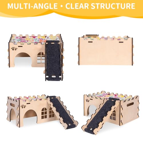 2-Story Guinea Pig Hideout Castle, Easy Assemble Thick Wood with Ramp | Large 2-Story Castle | 7mm Thick Pine Wood (40% Thicker) | Full Round Corner | Freely Mountable Ramp, Modular & Washable Pad