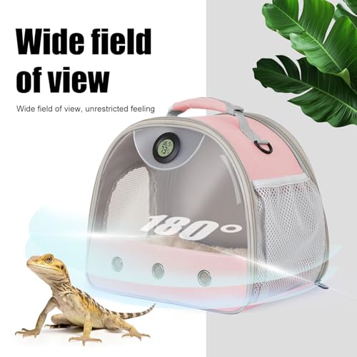 Bearded Dragon Carrier, Reptile Travel Bag with Built-in Thermometer Hygrometer, Breathable Small Animal Carrier with Clear View Window, Portable Guinea Pig Carrier for Gecko, Snake, Hamster - color: Pink