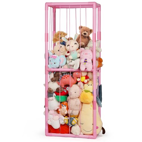 Stuffed Animal Zoo Storage PVC Stuffed Animal Holder, Pink | Vertical Plush Storage Organizer Shelf with Elastic Band for Nursery Play Room Bedroom - color: Pink