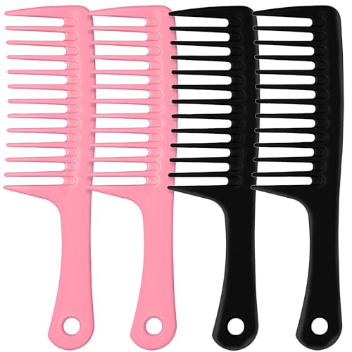 MODENGKONGJIAN 4PCS Wide Tooth Comb, Large Hair Detangling Comb Styling Comb for Curly, Wet, Long Hair with Handgrip (Black & Pink) - color: Black & Pink - 4PCS Wide Tooth