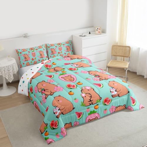 Erosebridal Capybara Lover Comforter Set Cartoon Rodent Animal Bedding Capybara Gifts for Kids Watermelon Strawberry Duvet Insert Cute Flower Kawaii Quilted Duvet,1 Pillow Case, Teal Room Decor,Twin - color: Multi 14, size: Twin