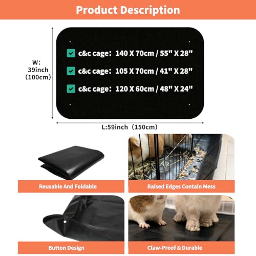 Rabbit Cage Liner, Waterproof PVC Mat, 59x39 Inch Black | Snap edges help contain mess while waterproof PVC protects floors. Wipes clean for daily rabbit cage use.
