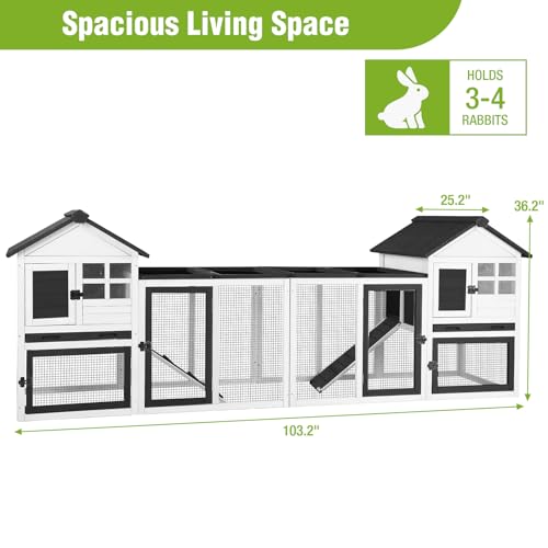 Extra-Long Outdoor Rabbit Hutch with Run, 2-Tier Fir Wood Bunny Cage, Waterproof Roof, Pull-Out Tray, Secure Latches,105.2 x 20.8 x 36.2 in - color: White, size: 105.2"L x 20.8"W x 36.2"H