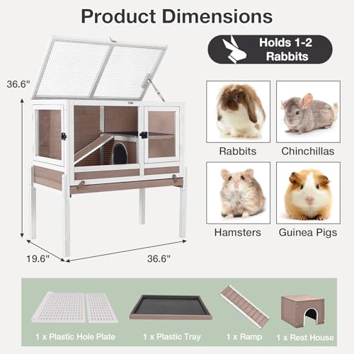 Guinea Pig Cage with Wooden Stand - Small Animal Cage for Guinea Pigs, Hamsters, Rabbits, Ferrets with Anti Chew Ramp, Hideout, Platform, Pull Out Tray, 36.6" L x 19.6" W x 36.6" H - color: Brown