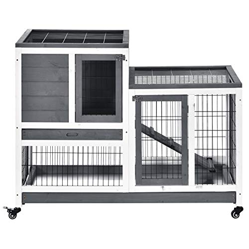 PawHut Wooden Rabbit Hutch Elevated Bunny Cage Indoor Small Animal Habitat with Enclosed Run with Wheels, Ramp, Removable Tray Ideal for Guinea Pigs, Grey | Small Animal Habitat, Enclosed Run, Wheels, Ramp, Removable Tray for Rabbits, Chickens, Ducks - co