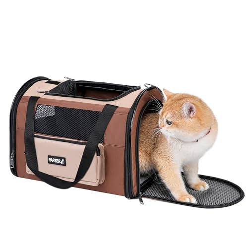 Collapsible Small Pet Carrier for Cat 15 lbs with Fashion Pocket Travel Bag | Lightweight Sturdy Little Puppy Dog Carry Crate, Breathable Stylish Kitten Soft Cage Kennel, Portable Yorkie Box Khaki - color: Khaki