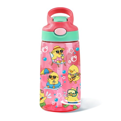 Kids Plastic Water Bottle - Duck Water Bottles for Kids, 14oz Plastic Water Bottle with Straw Lid, Leakproof BPA-Free Cute Duck Water Bottles for Home Sports Travel, Pop-Up Straw Cover, Pink - color: Fun Duck