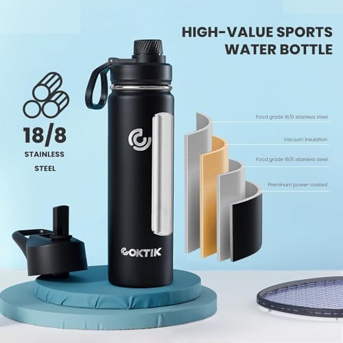 40 Pack 22 oz Sports Water Bottle With Straw,2 Lids, Stainless Steel Vacuum Insulated Water Bottles,Leakproof Lightweight, Keeps Cold and Hot, Great for Travel(Black) - color: Black, size: 40 Pack