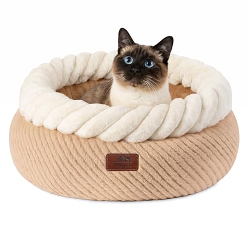 Hollypet Round Cat Bed Small Dog Beds with Detachable Cushion, Oatmeal | Cat Bed for Indoor Cats Washable Fluffy Small Dog Bed Cozy Plush Pet Beds with Non-Slip Bottom for Pets up to 22 lbs - color: Oatmeal and White