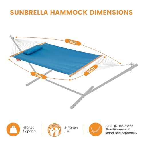 Lazy Daze 12 FT Sunbrella Fabric Hammock, Non-Fading Double Outdoor Hammock | 2 Person Hammock with Pillow, Straps, Carabiners , All Weather Fade Resistant for Outside, Canvas Pacific Blue - color: Canvas Pacific Blue